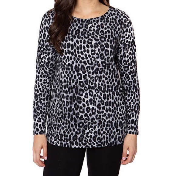 Mario Serrani Crew Neck Long Sleeve Tunic Top Gray Leopard Print Small - Picture 5 of 8